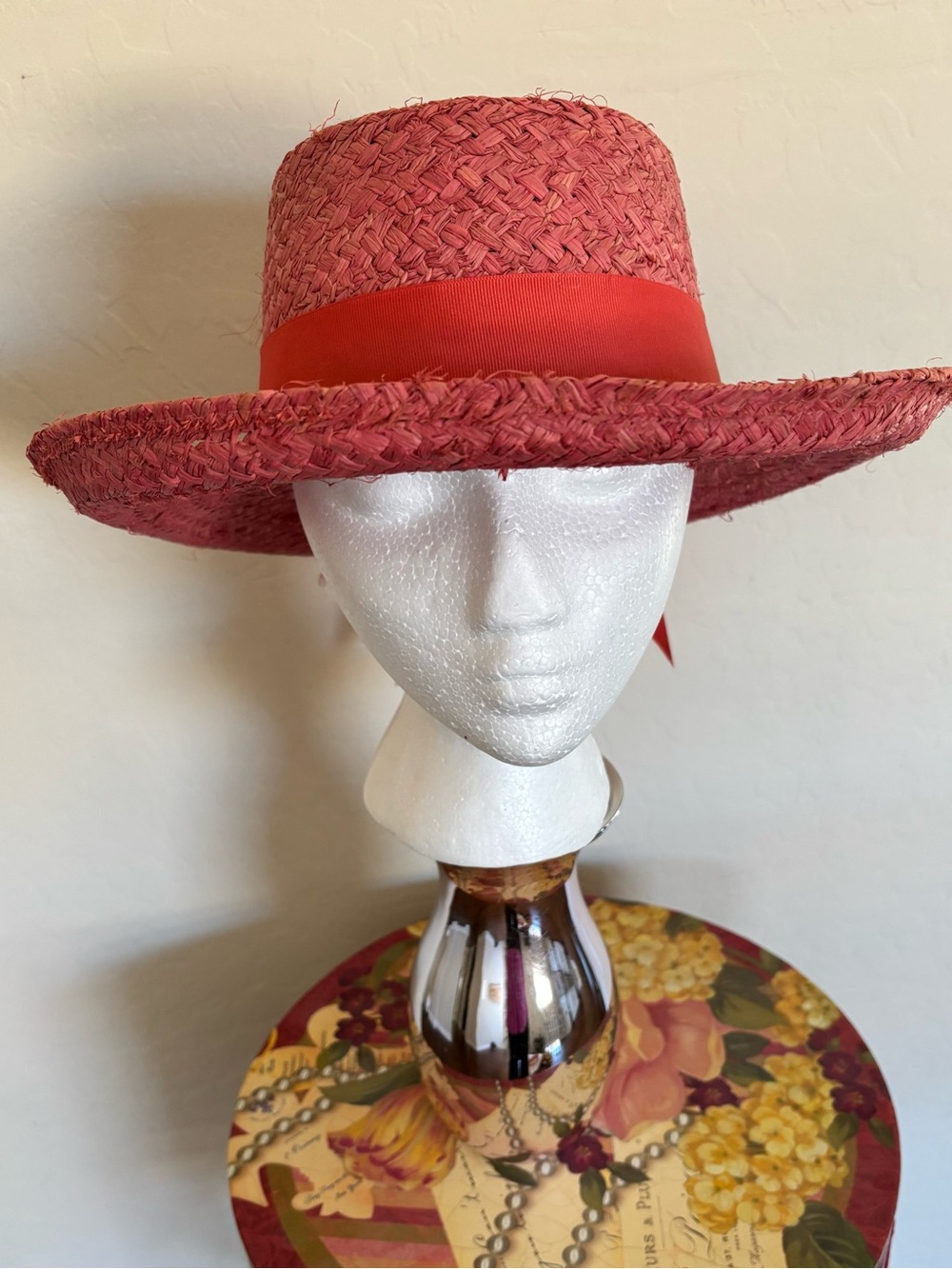 Fiesta Santa Barbara Gaucho Hat in Coral Straw and Deep Coral Band & Bow in Back